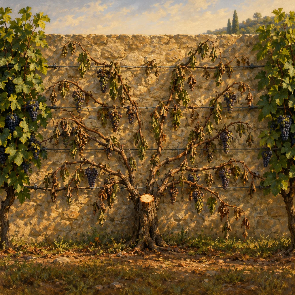 A mature grapevine espalier trained flat against a golden limestone wall has a single thick central trunk with a freshly cut glowing cross-section stump at its base, from which all lateral branches bearing dark grape clusters spread horizontally across three tiers of wire supports, flanked by two fuller vines at the image edges.