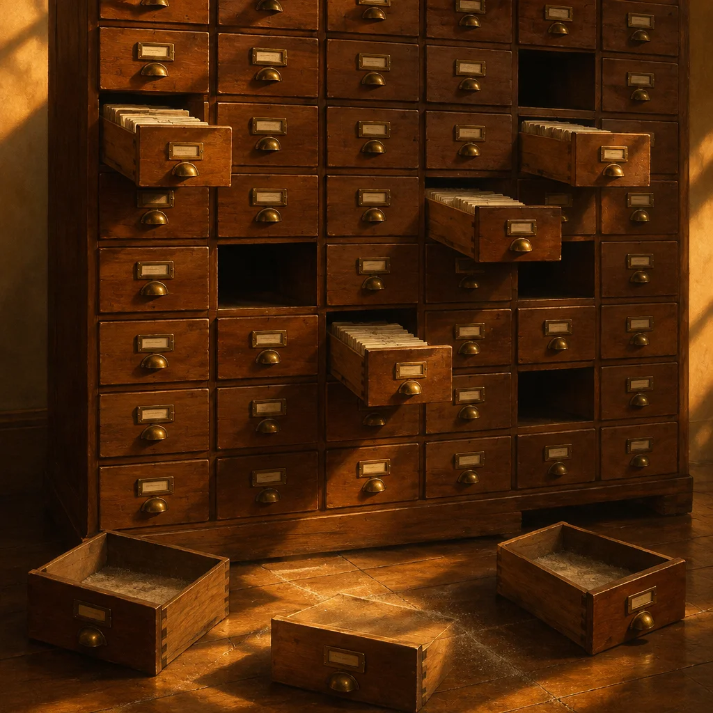 A large wooden library card catalog cabinet with dozens of small brass-handled drawers, several pulled open and filled with index cards, three empty drawers removed and lying on the tile floor below, lit by warm amber raking light.