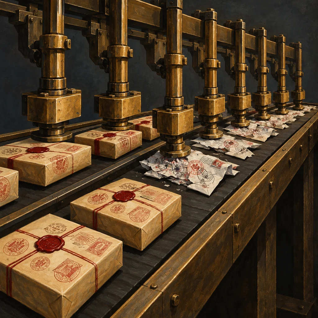 A dark industrial conveyor belt carries identical kraft-paper parcels tied with red ribbon and bearing wax seals through a row of heavy brass stamping presses, with one parcel in the middle of the line crushed and crumpled beneath a descending press while intact parcels queue before and after it.