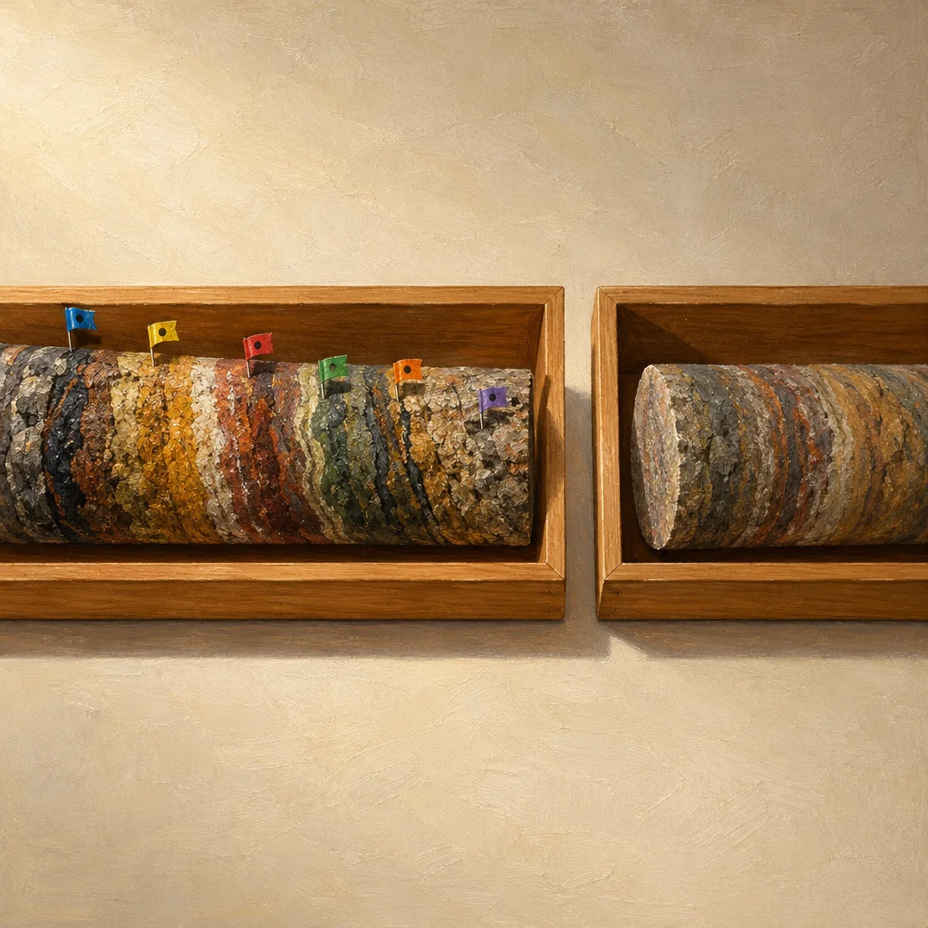 A realist oil painting of two cylindrical geological drill cores resting in separate open wooden trays mounted side by side, the left core studded with six small colored marker flags in blue, yellow, red, green, orange, and purple pressed into its layered banded surface, the right core identical in banding but completely unmarked and flag-free.