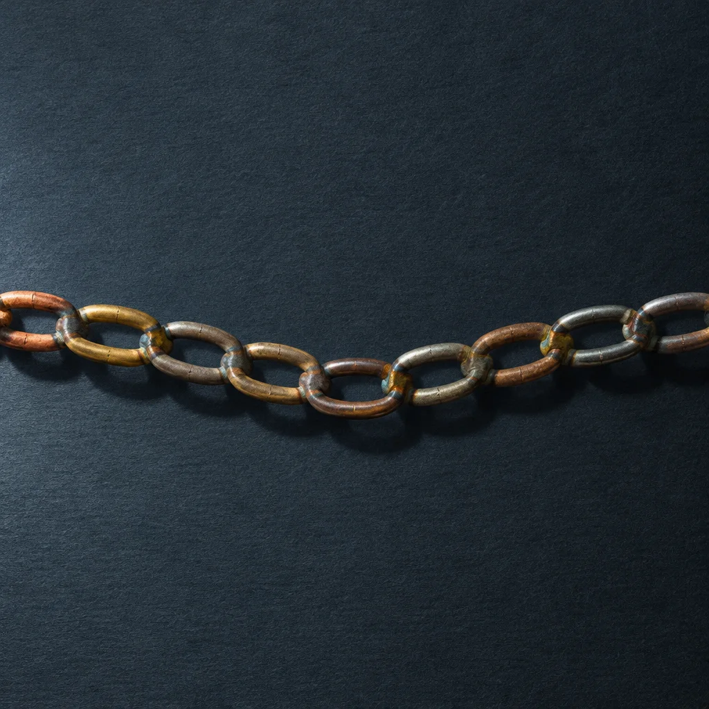 A short length of weathered metal chain with oval links in muted gold, brown, and grey tones hangs in a gentle catenary curve against a dark slate-grey textured surface.