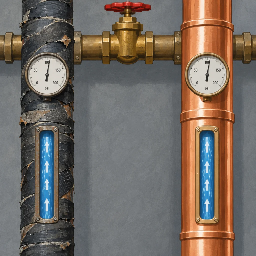 Two vertical pipes side by side, one wrapped in crumbling black insulation and one bright copper, both showing upward water flow through sight glasses and reading similar pressure on their gauges, joined at the top by a brass horizontal pipe with a red-handled gate valve.