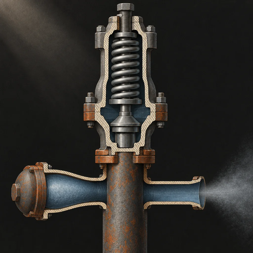 A cutaway cross-section of an industrial spring-loaded pressure relief valve mounted vertically on a rusted horizontal pipe, with steam venting from the right outlet, revealing the internal coil spring, ball seat, and flanged body in precise mechanical detail.