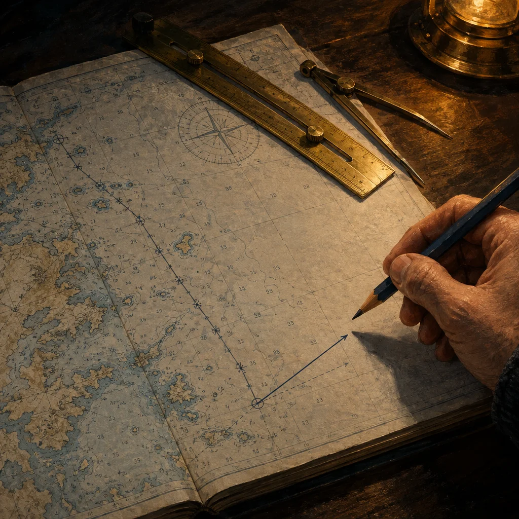 A weathered hand holding a pencil traces a blue arrow across an open aged nautical chart book showing coastlines, depth soundings, a compass rose, and previously plotted dashed lines, with brass parallel rulers and a drafting compass resting on the chart under warm lamplight.