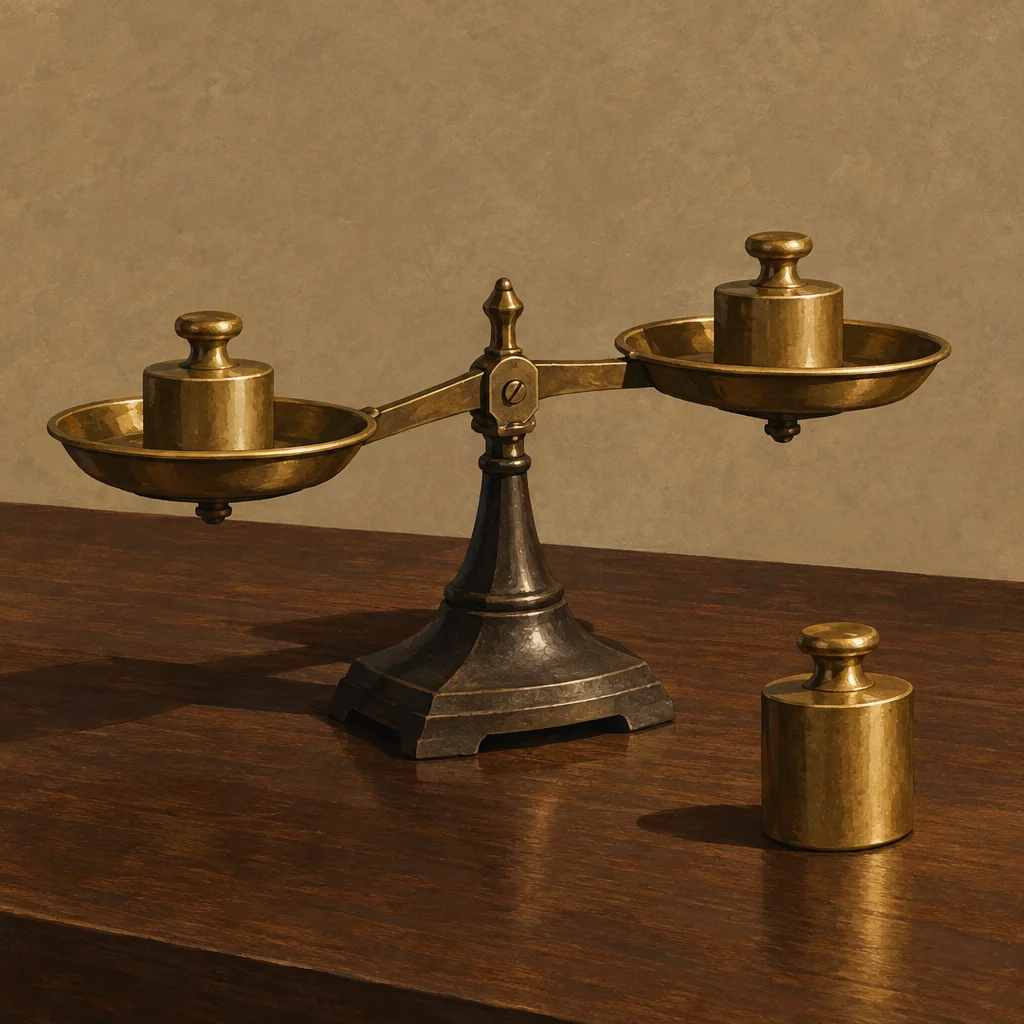A brass balance scale tilts left under a cylindrical weight on a dark wood table, while a matching brass weight sits unused on the table to the right of the scale's base, with a second smaller weight resting in the raised right pan.