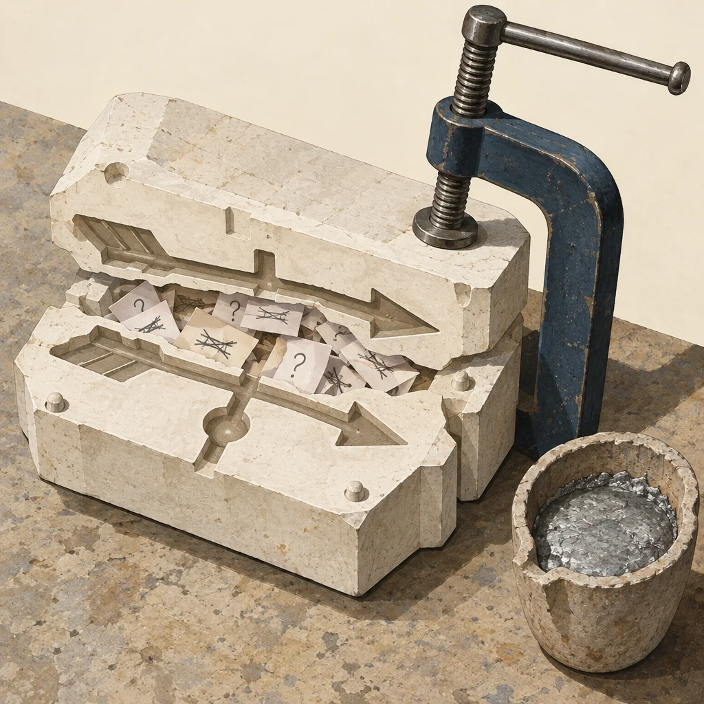 A rectangular two-part stone sand-casting mold held closed by a blue steel C-clamp sits on a granite surface, its cavity filled with small paper cards bearing question marks and crossed-out marks, beside a stone crucible containing solidified silver metal.