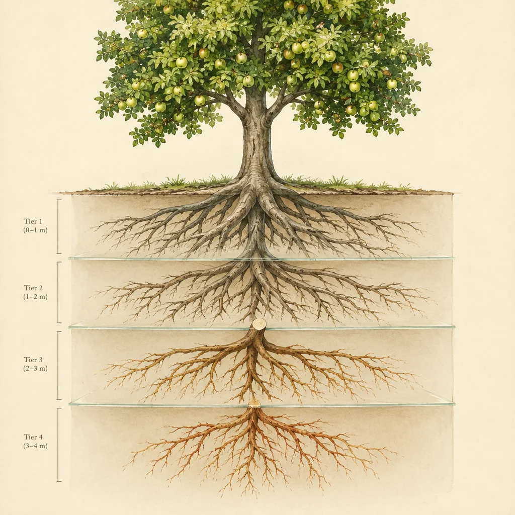 A botanical illustration shows an apple tree above ground with a cutaway soil cross-section divided into four horizontal tiers labeled Tier 1 through Tier 4 from 0 to 4 meters depth, each layer revealing progressively thinner and more widely spreading root networks descending from the central taproot.