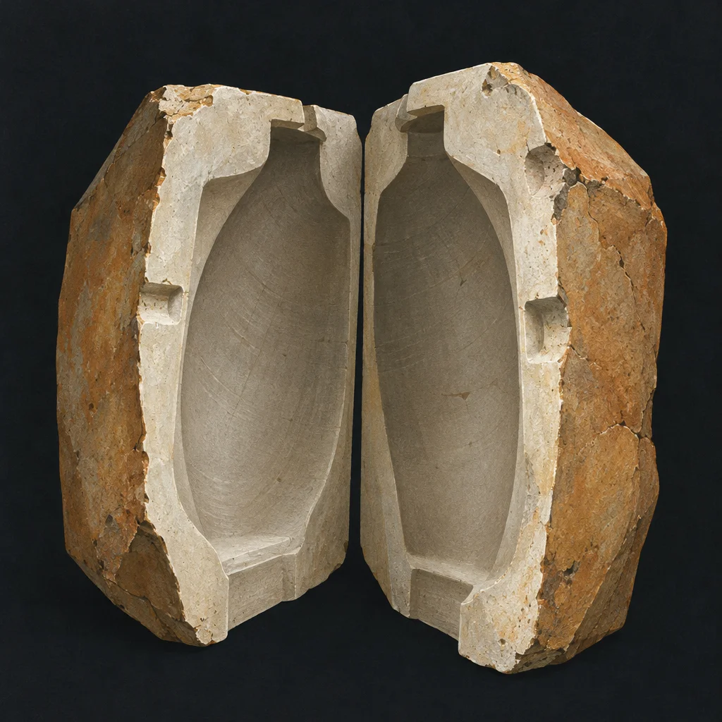 Two halves of a split sandstone casting mold are displayed open and face-up, each half showing a smooth carved negative cavity in the form of a bottle with registration notches cut into the flat mating faces, against a black background.