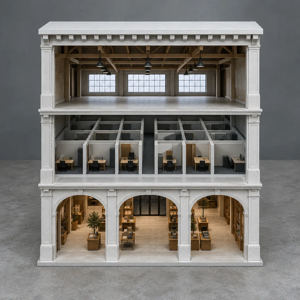 A scale architectural cutaway model of a three-story neoclassical building displays three entirely distinct interior configurations: an open timber-framed warehouse floor with pendant lamps on top, a middle floor subdivided into rows of office cubicles with desks and computers, and an arched ground floor arranged as a light-filled bookshop or library with wooden display tables and small trees.