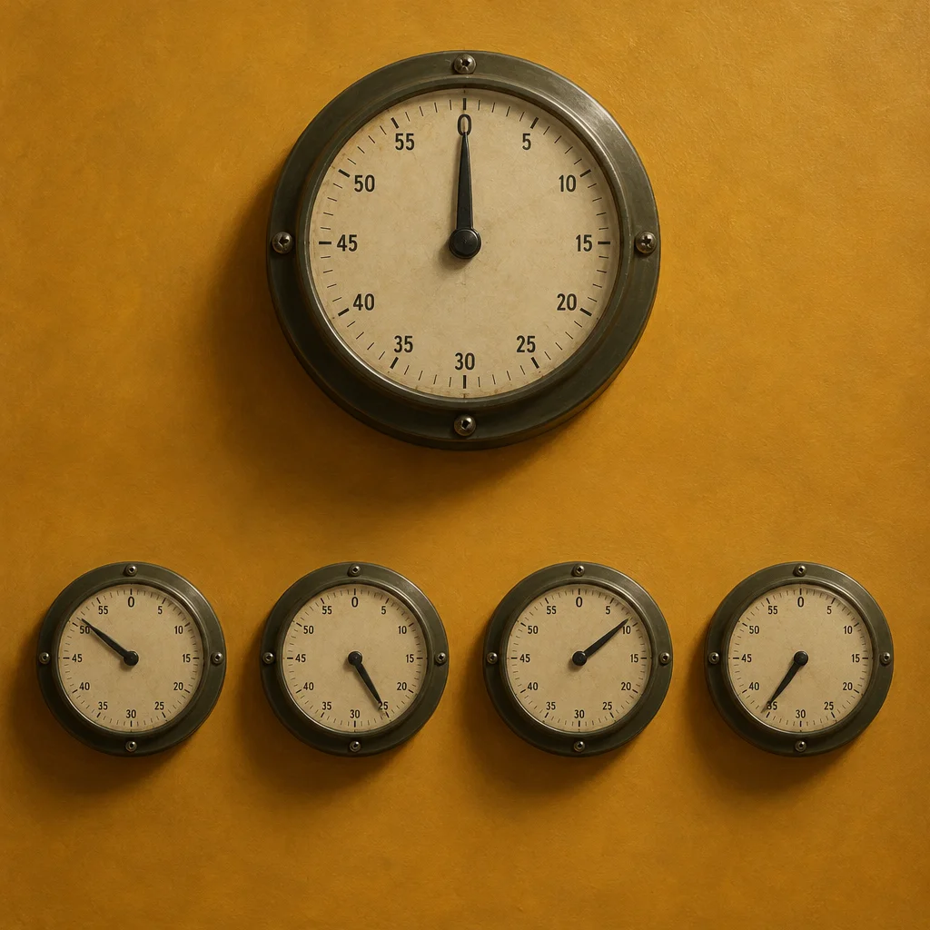 Five industrial-style clocks with metal bezels mounted on a mustard-yellow wall, one large clock centered at top showing approximately 11:58 and four smaller identical clocks in a row below each displaying a distinctly different time.