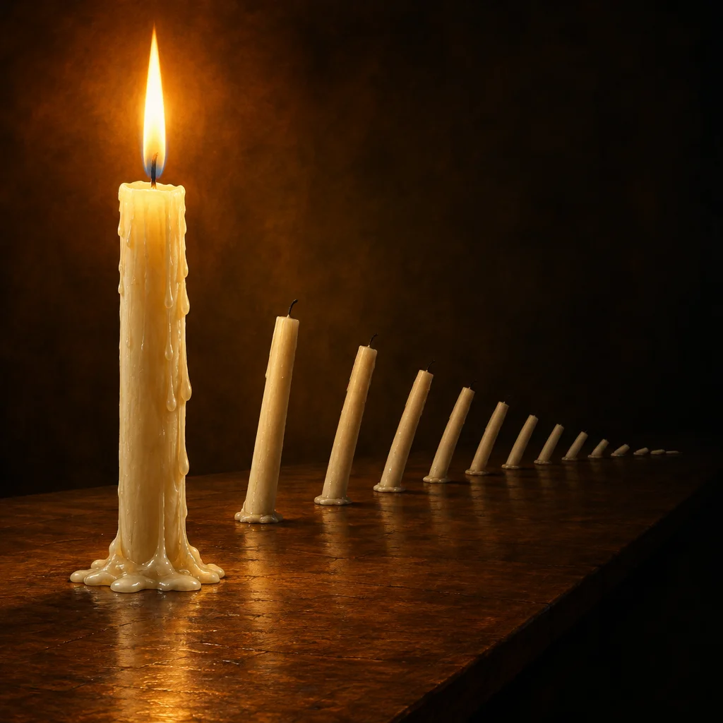 A tall white candle with a bright flame and heavy wax drips stands on a dark wooden surface in the left foreground, while a row of progressively shorter unlit candles recedes into darkness along the right side of the frame.