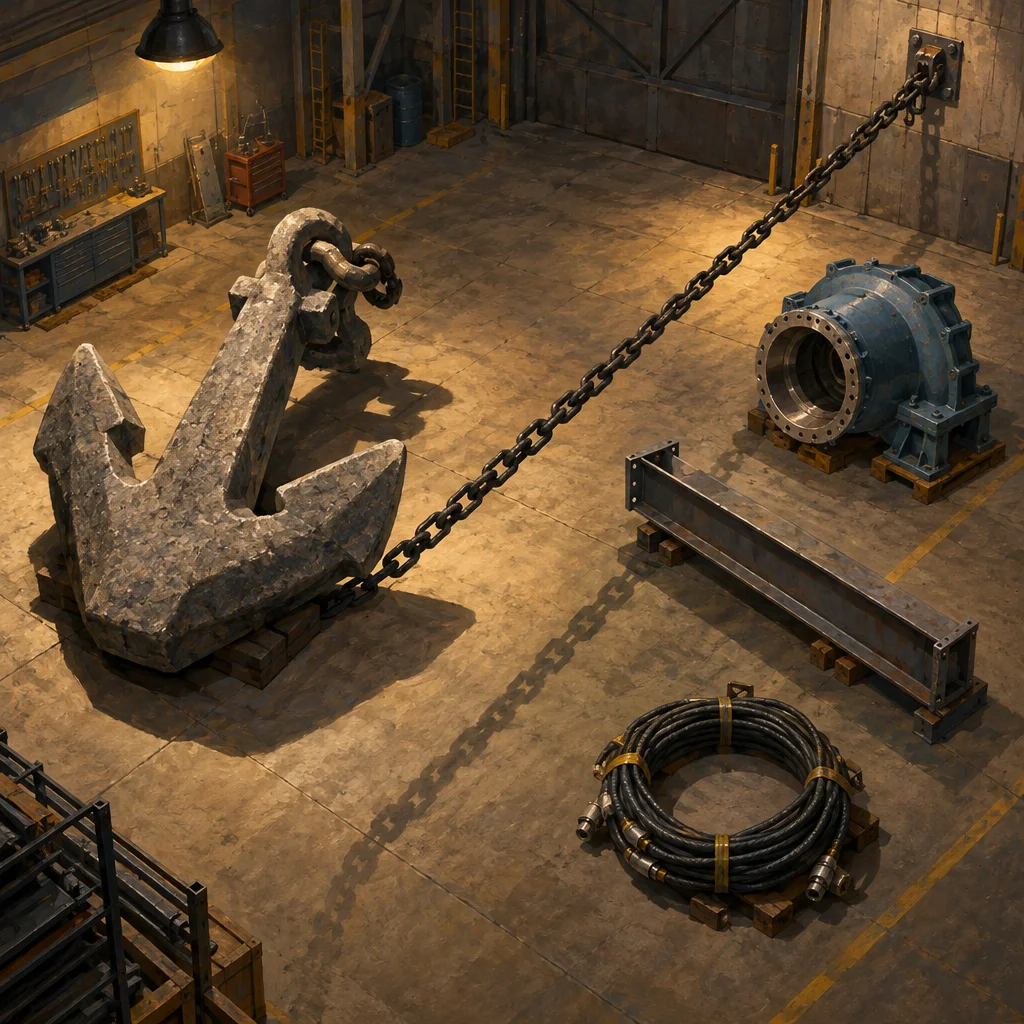 An enormous stone anchor resting on a pallet in a dim industrial warehouse is connected by a heavy chain to a wall-mounted bracket, while a large industrial motor on a pallet, a steel I-beam, and a coiled hydraulic hose are arranged around it on the concrete floor beneath a single pendant lamp.