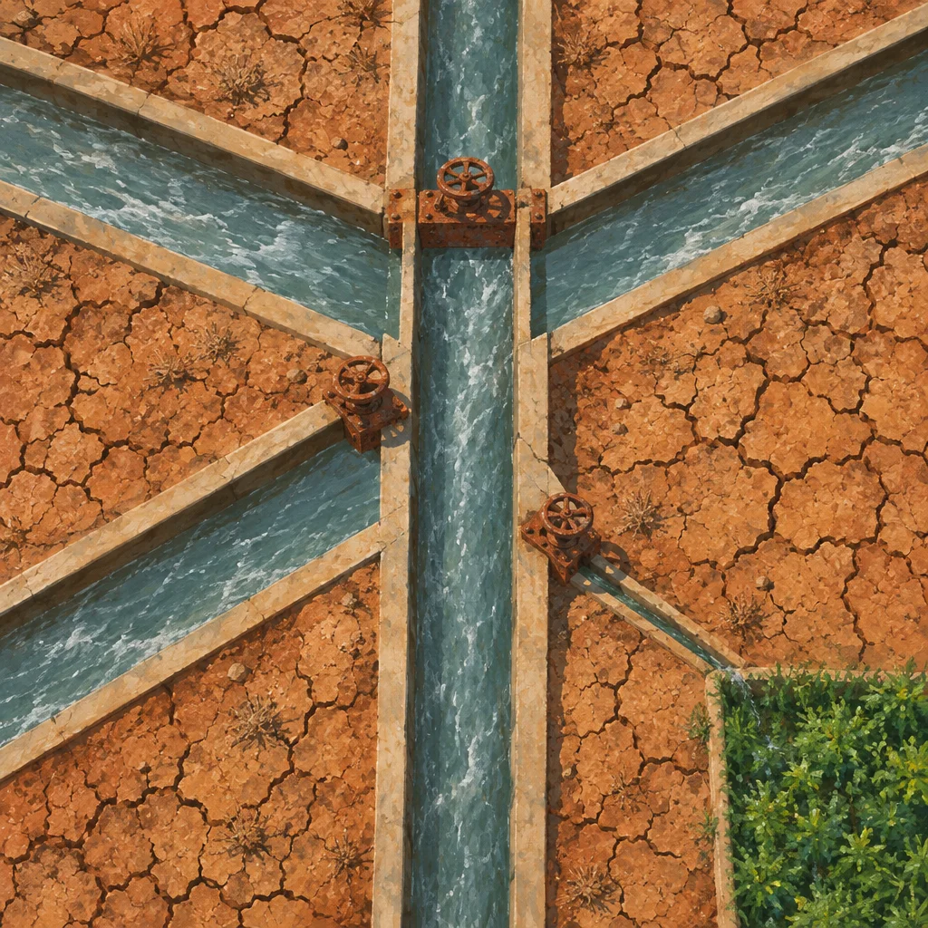 An overhead view of a concrete irrigation canal network with three rusted handwheel gate valves distributing flowing blue-green water through diagonal branch channels across severely cracked red-brown earth, with a single small rectangle of lush green vegetation visible only in the bottom-right corner.