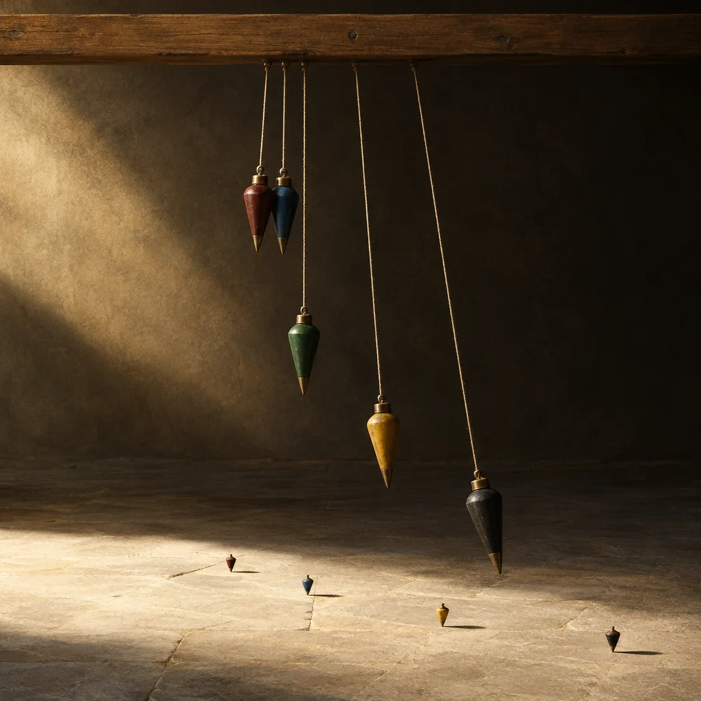 Five colored plumb bobs in red, blue, green, yellow, and near-black hang by twine from a weathered wooden beam at progressively longer lengths in a dim stone room, each casting a small shadow beside a miniature matching plumb bob resting on the flagstone floor directly below.