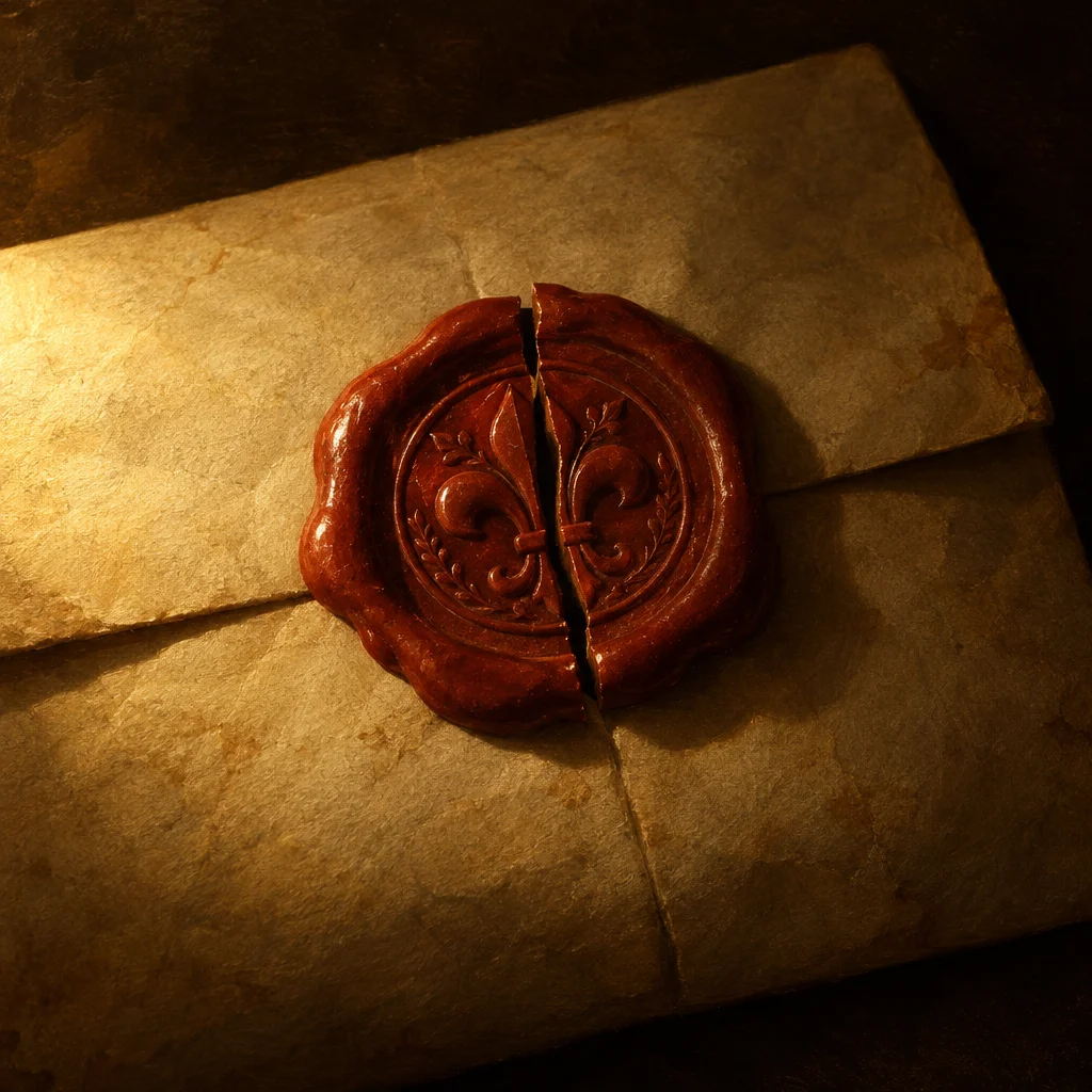 A weathered parchment envelope sits on a dark surface, its center secured by a large circular red wax seal embossed with a fleur-de-lis, cracked cleanly in two halves along a vertical split that runs through the middle of the seal and into the paper below.