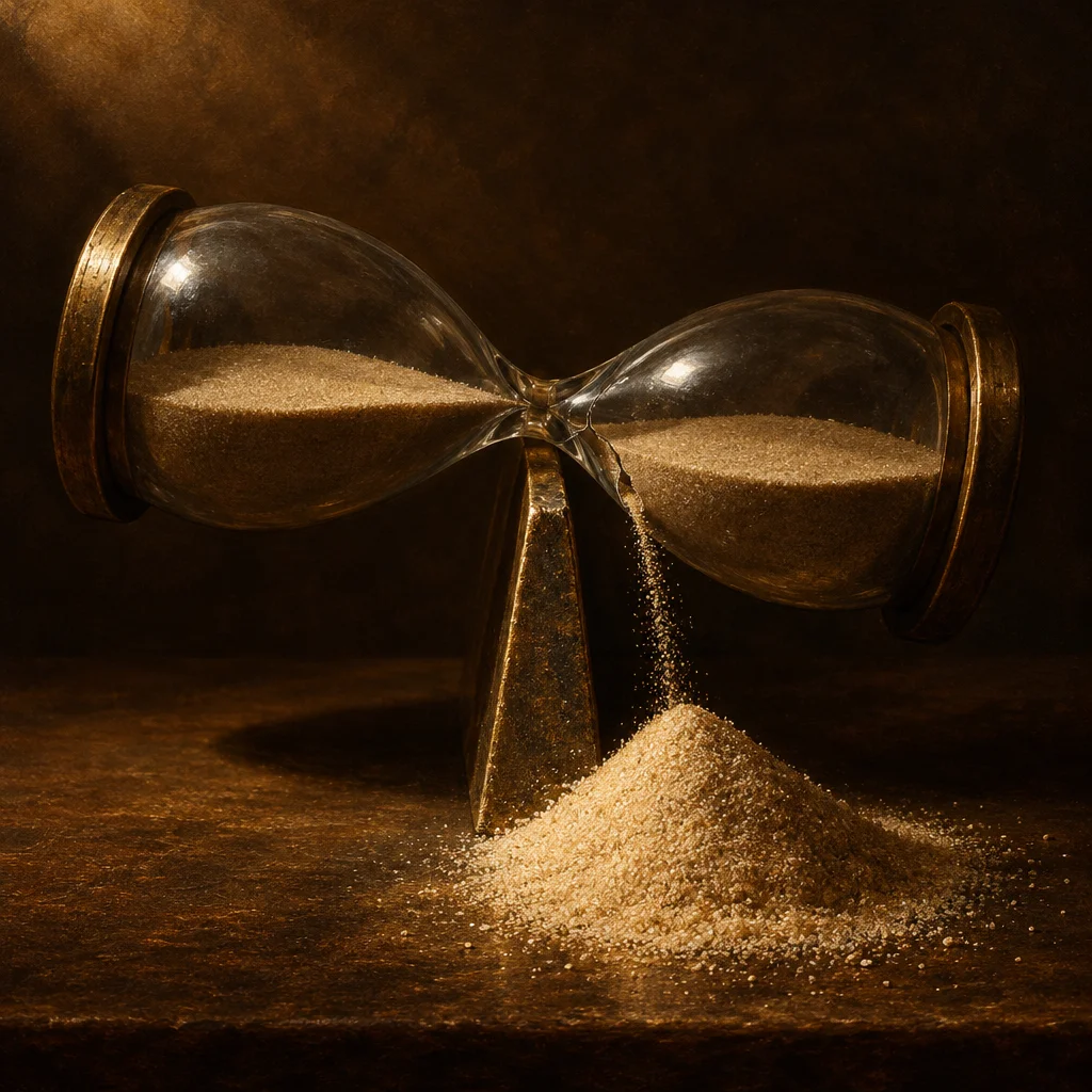 A brass-rimmed glass hourglass lies on its side on a dark wooden surface, with golden sand pouring out through the neck and accumulating in a loose pile below, against a dark warm background.