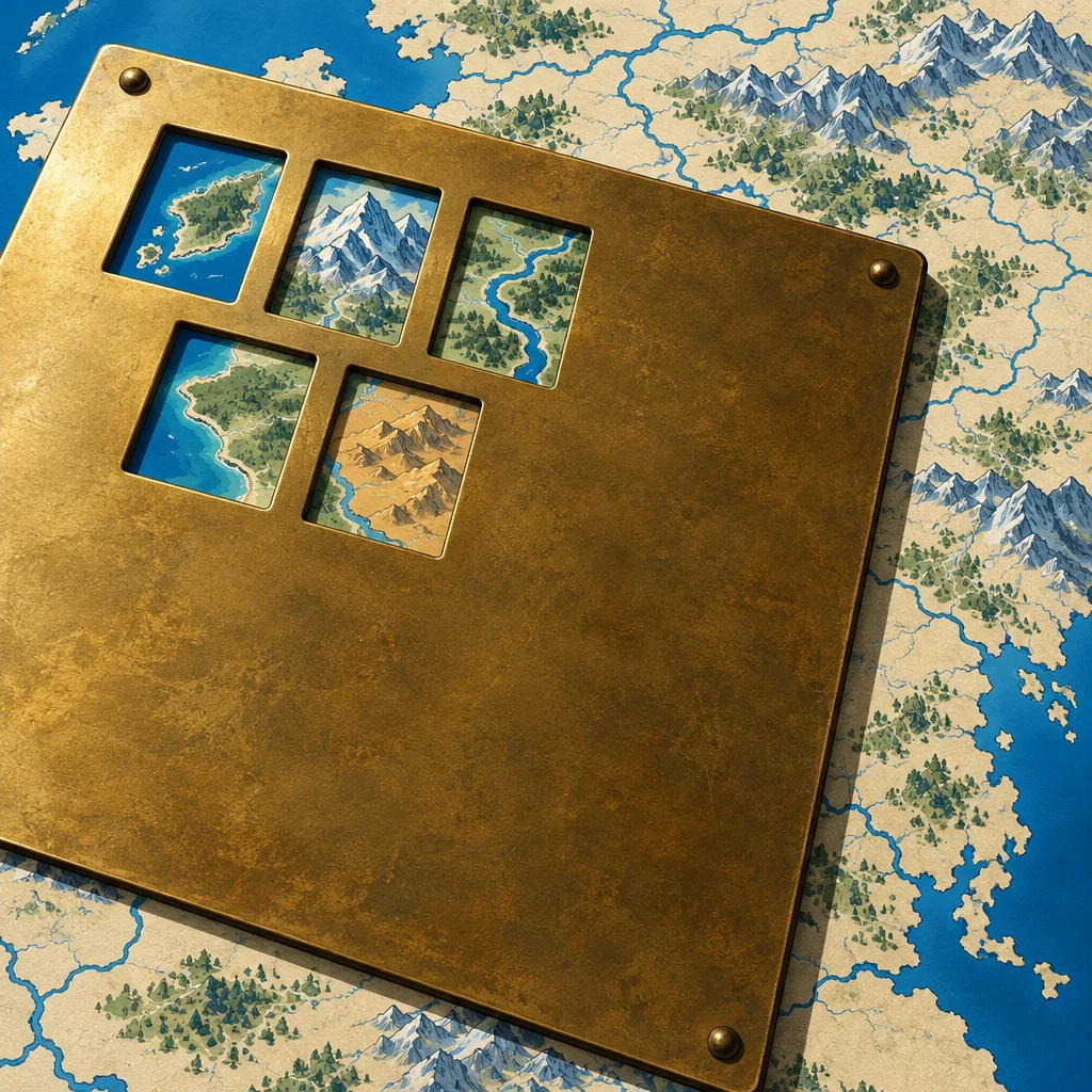 A weathered brass square plate with five rectangular cutout windows sits atop a detailed illustrated fantasy map showing mountains, forests, rivers, and coastlines, revealing only small portions of the map through each opening.