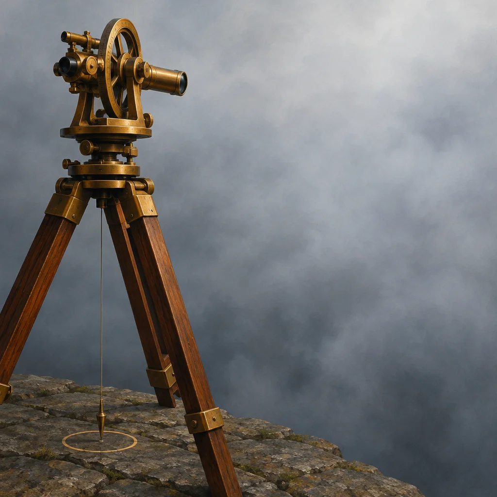 A brass antique theodolite on a wooden tripod stands on a stone surface against a dramatic overcast grey sky, with a plumb bob hanging beneath the instrument.