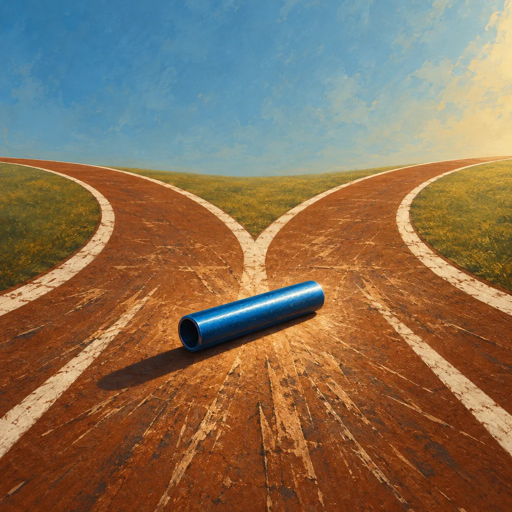 A blue cylindrical baton lies on the ground at the fork of a red clay running track that splits into two diverging paths under a blue sky.