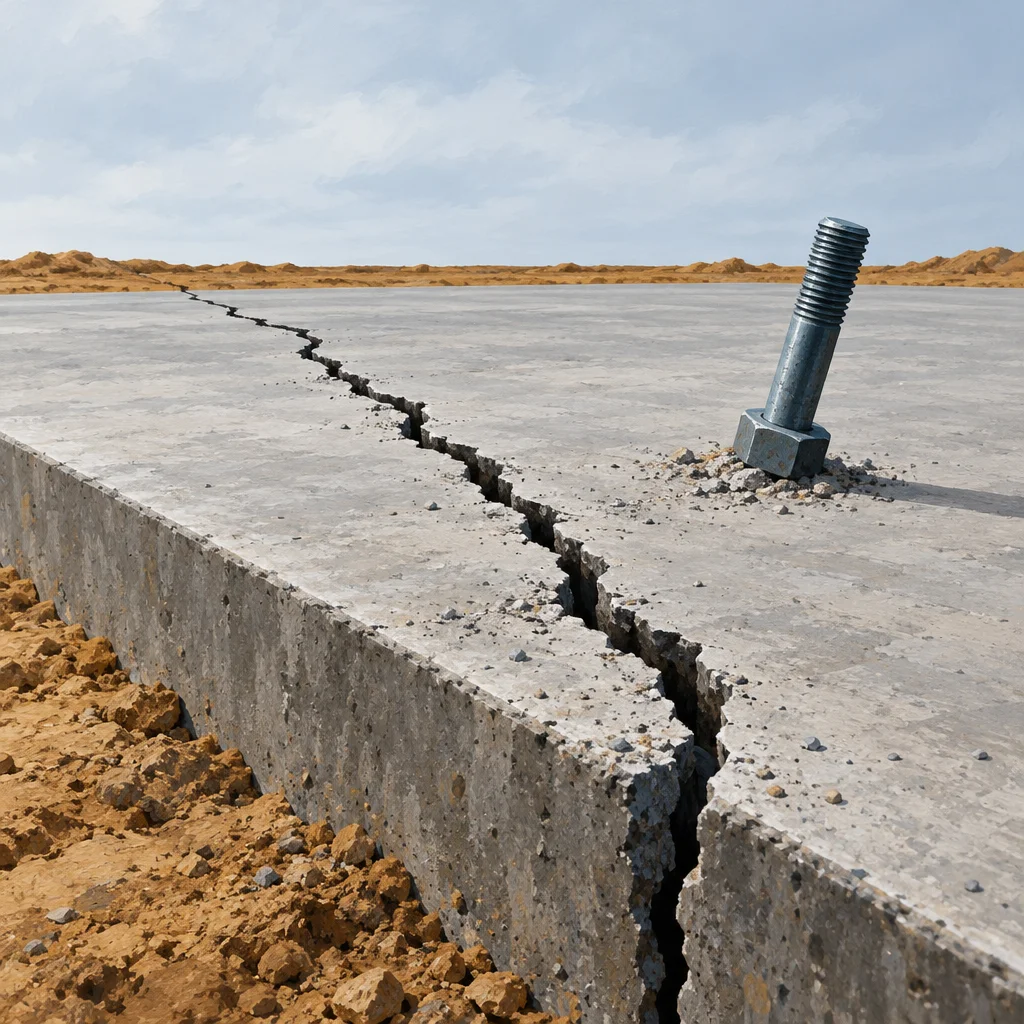 A large concrete slab cracked along a long fissure stretching to the horizon, with a single oversized steel bolt embedded near the crack, set against a desert landscape and partly cloudy sky.