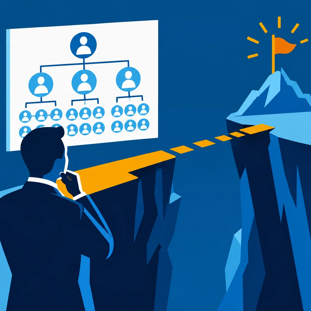 A suited figure viewed from behind contemplates a hierarchical org chart on a wall while an orange bridge spans a deep chasm toward a mountain peak topped with a glowing flag.