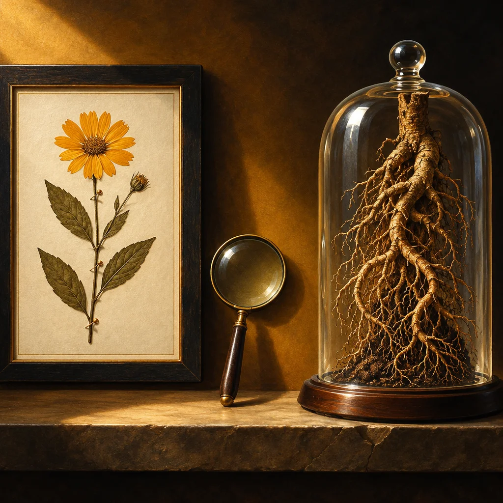 A framed pressed yellow flower specimen and a magnifying glass sit on a stone shelf beside a glass bell jar on a wooden base containing an intricate dried root system, all lit by warm golden light against a dark background.