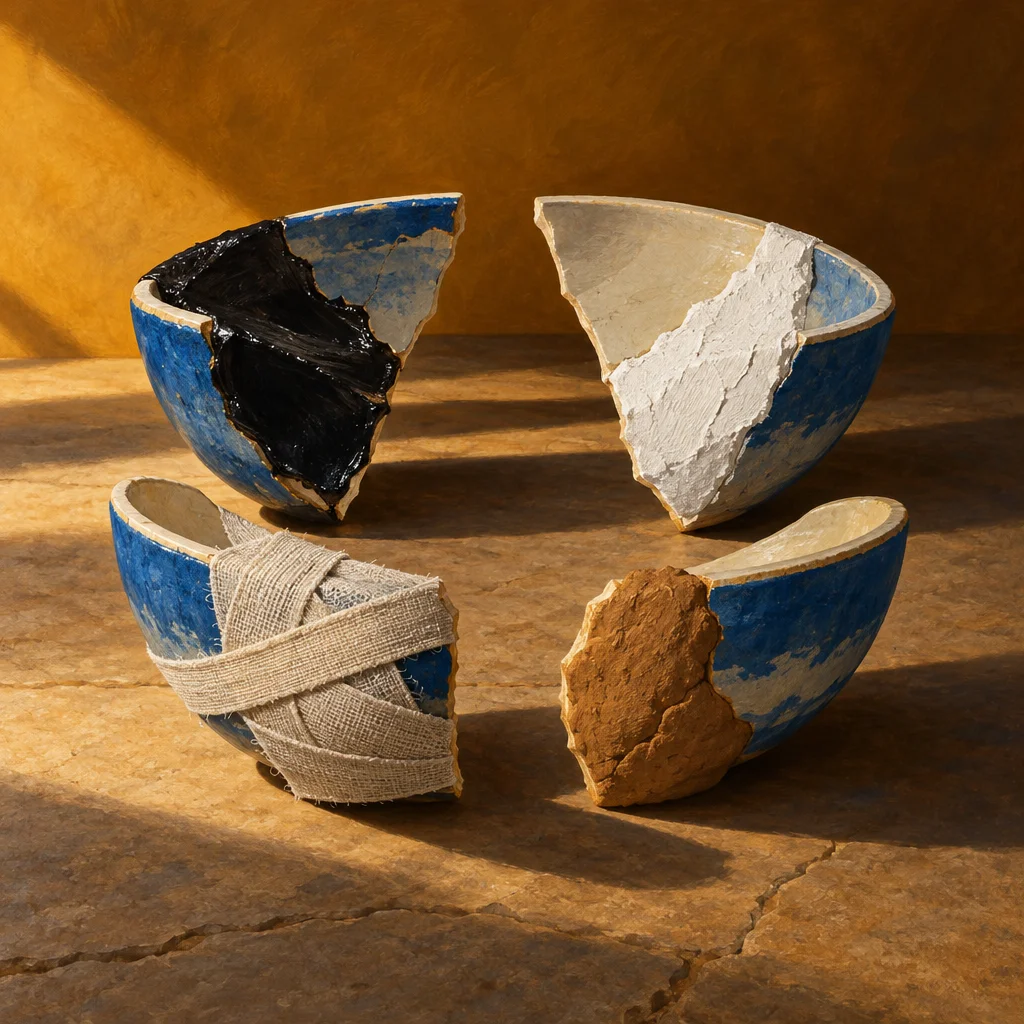 Four broken blue ceramic bowls arranged in a circle on a cracked stone surface, each mended with a different material: black tar, white plaster, burlap bandage, and brown clay, set against a warm ochre wall.