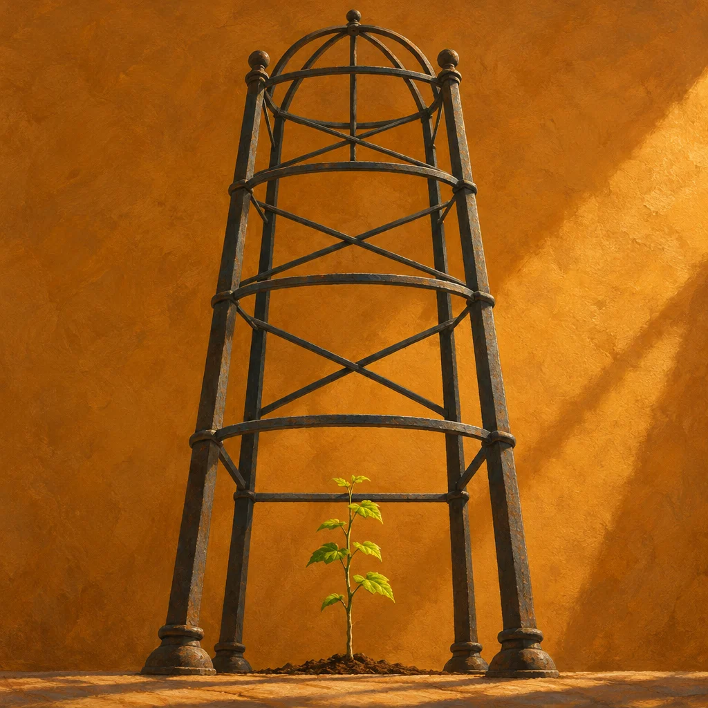 A massive ornate iron obelisk trellis stands against a warm amber stucco wall, with a single small green seedling planted at its base in a patch of bare soil.
