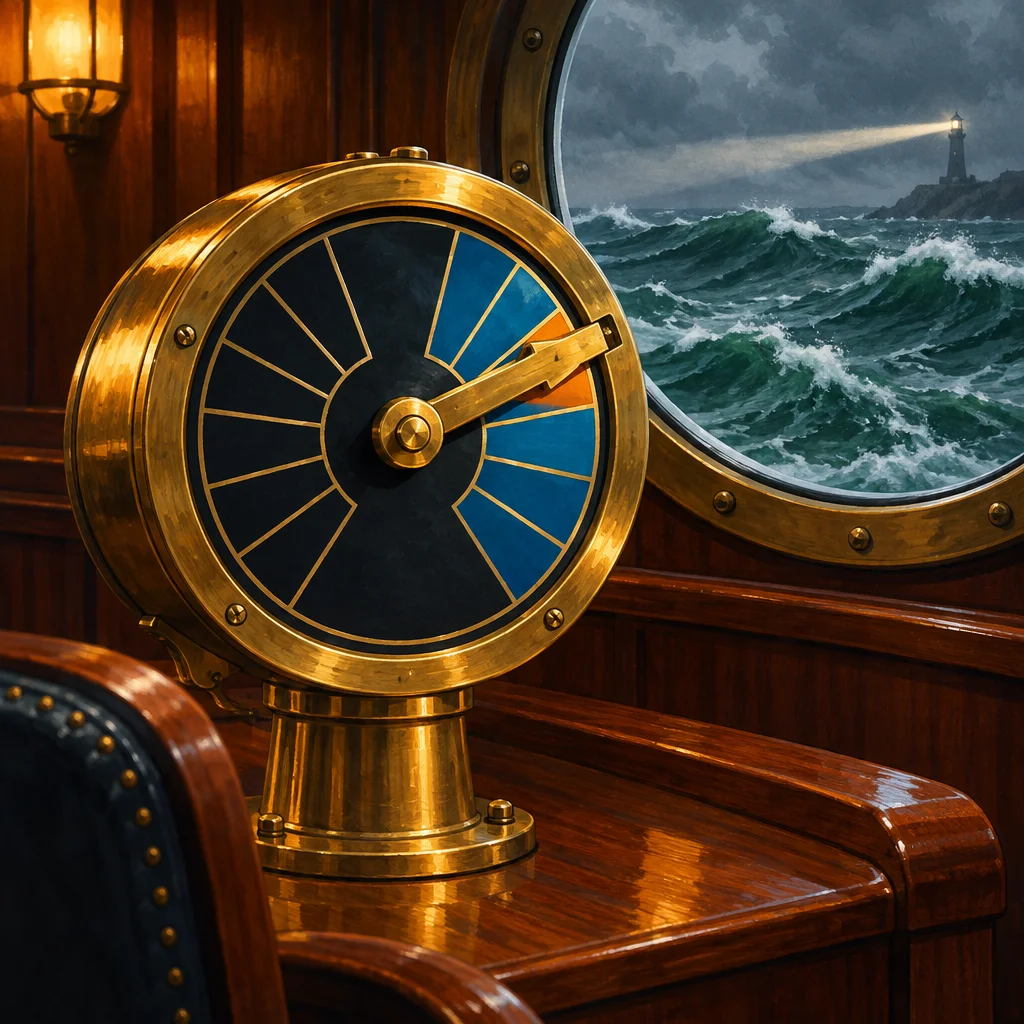 A polished brass ship telegraph dial mounted on a wooden pedestal inside a ship cabin, with a porthole behind it revealing stormy green waves and a lighthouse beam cutting through dark storm clouds.