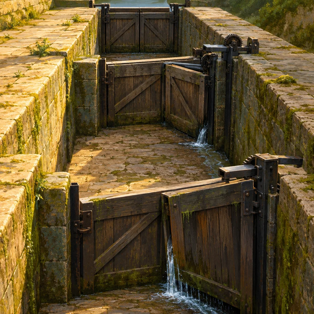 A stone-walled canal lock system with two sets of weathered wooden mitre gates fitted with iron hardware and gear mechanisms, showing small streams of water trickling through gaps as the chambers are partially drained.