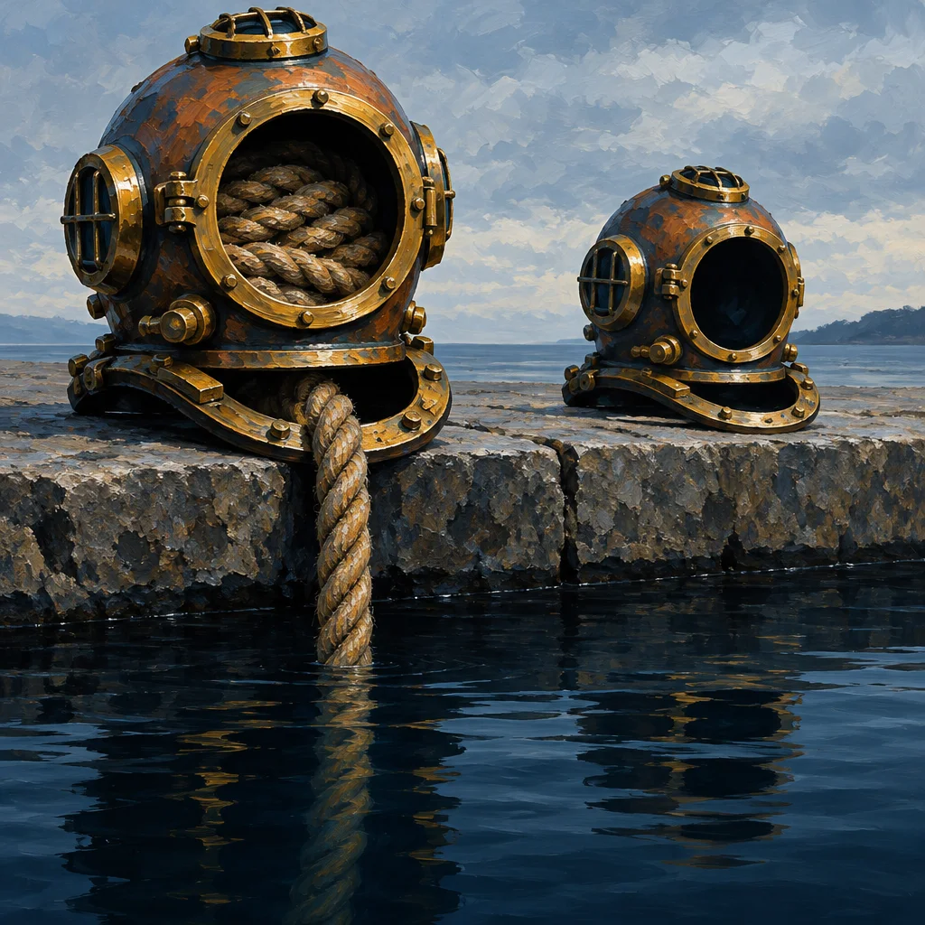 Two weathered brass and copper deep-sea diving helmets resting on a stone dock at the water's edge, one containing a coiled rope and the other empty, with calm water and a cloudy sky in the background.