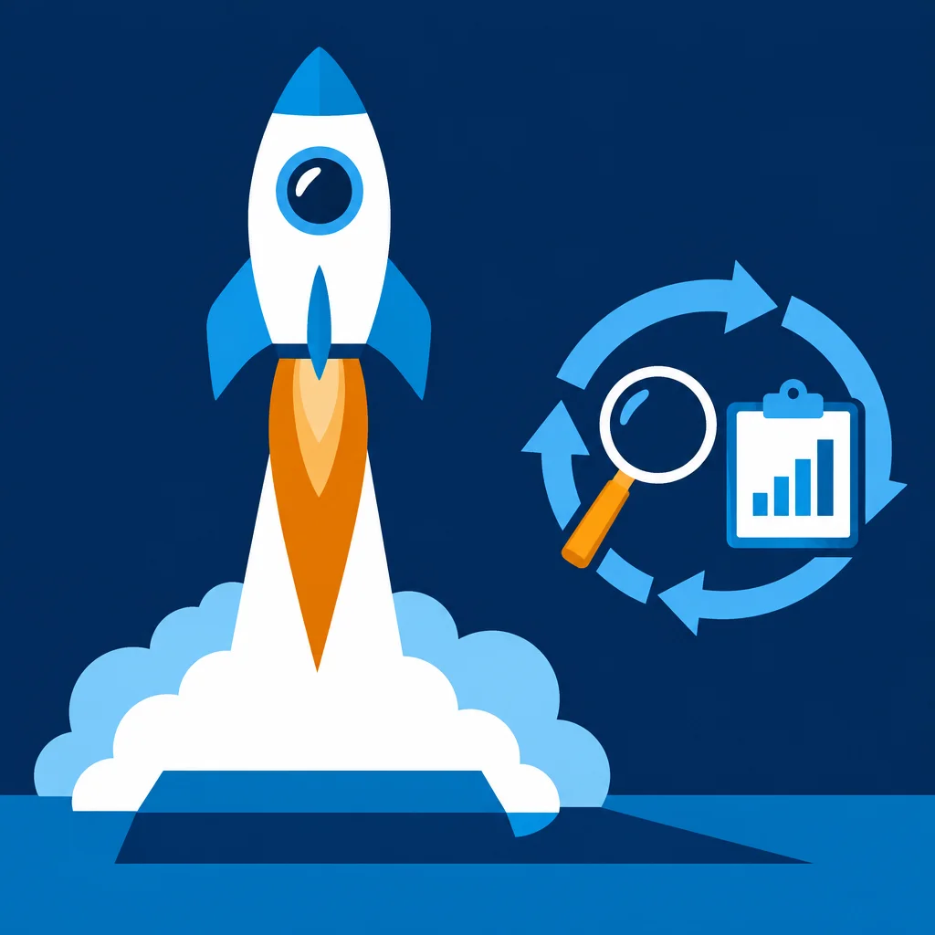 A flat-style illustration on a dark blue background showing a white and blue rocket launching upward with orange flame and white smoke clouds, alongside a circular blue arrow loop enclosing a magnifying glass and a clipboard displaying a bar chart.