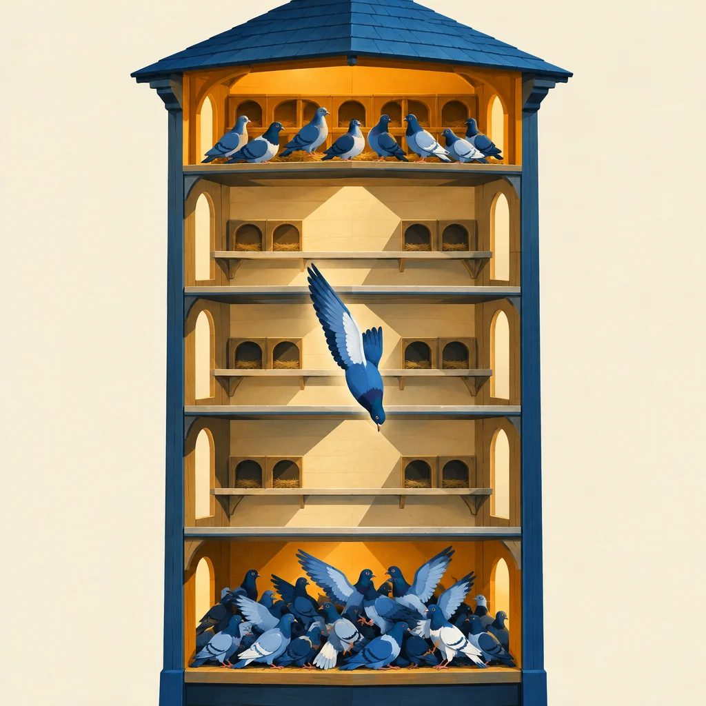 A cutaway illustration of a tall blue-roofed dovecote with pigeons perched in the top nesting row and a large flock crammed on the bottom floor, while a single pigeon flies through three empty middle shelves lined with vacant nesting boxes.