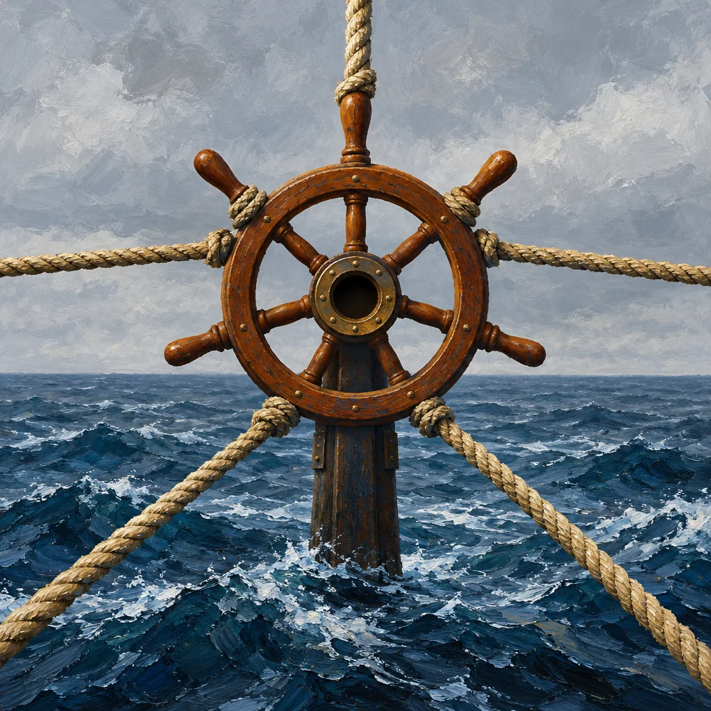 A painted oil-style image of a wooden ship's wheel with brass center hub, held by thick rope lines radiating outward in four directions, set against a choppy dark blue sea and overcast sky.