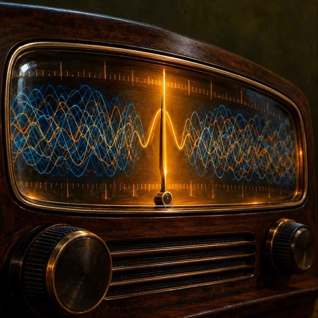 A close-up of a warm wood and brass vintage radio with a large curved dial window displaying layered intertwining blue and gold sine waves, a glowing vertical needle pointer centered among the noise, and two large tuning knobs below a horizontal speaker grille, all lit with warm amber light against a dark background.