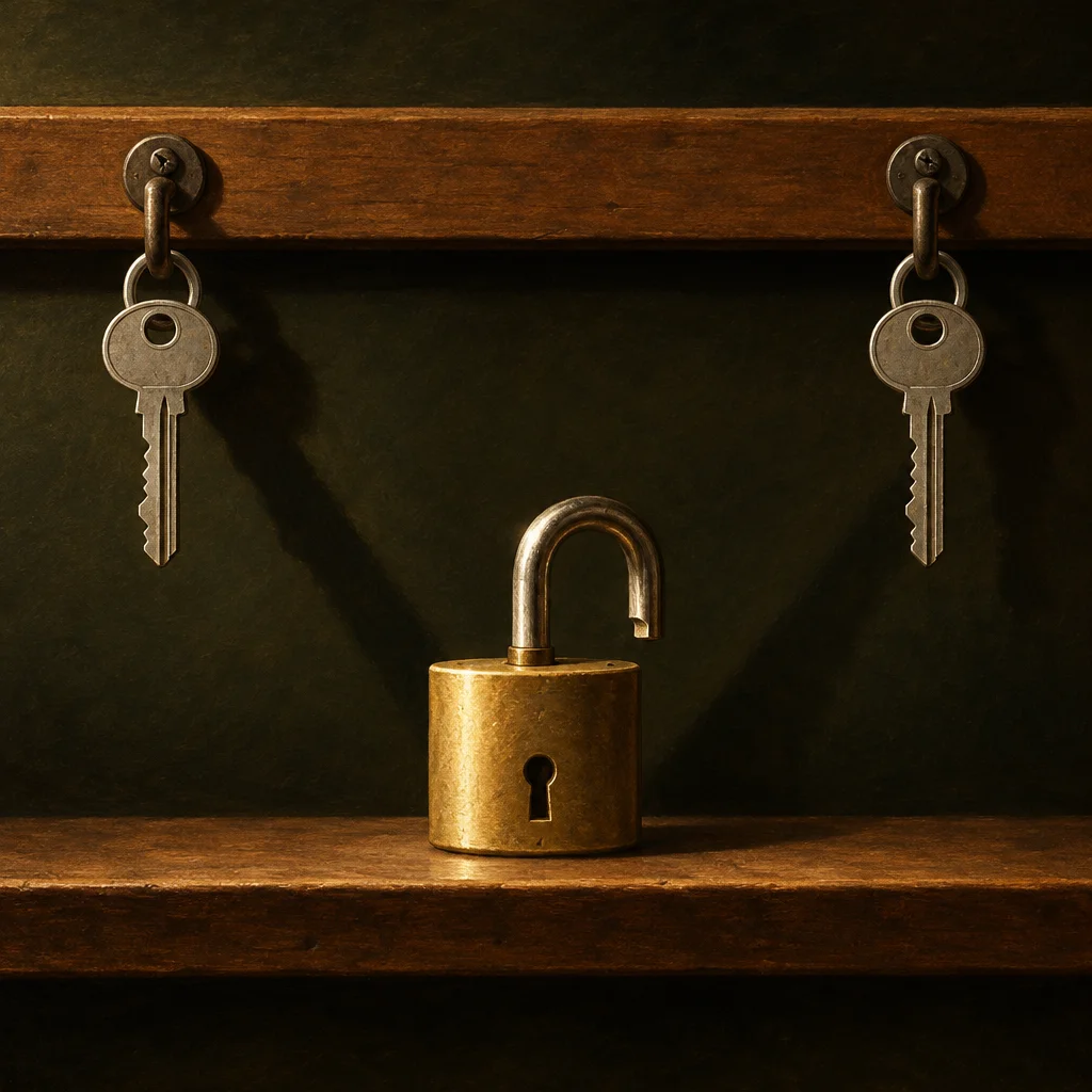 A brass padlock with its shackle open sits on a wooden shelf beneath two silver keys hanging from hooks on a dark green wall.