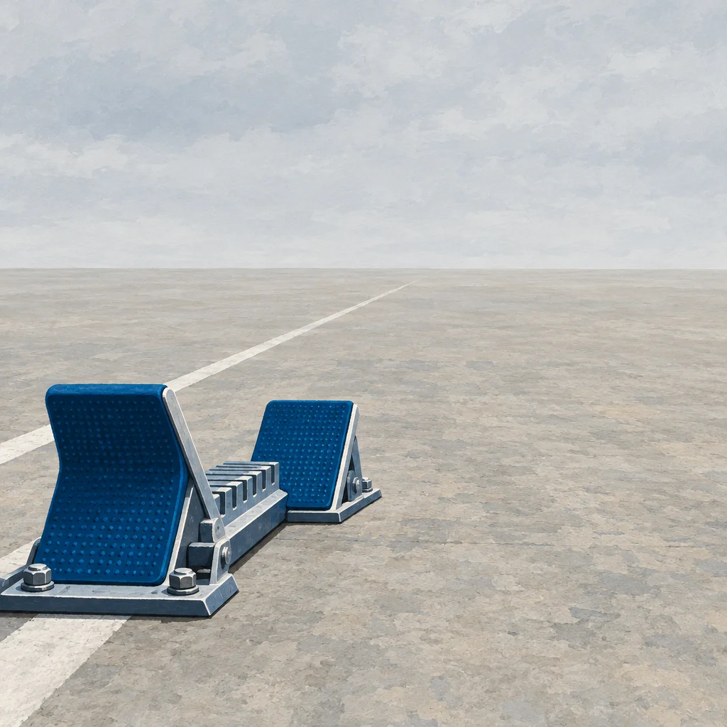 Two blue and metal athletic starting blocks sit on a vast gray concrete surface beside a white line that stretches to the horizon under an overcast sky.