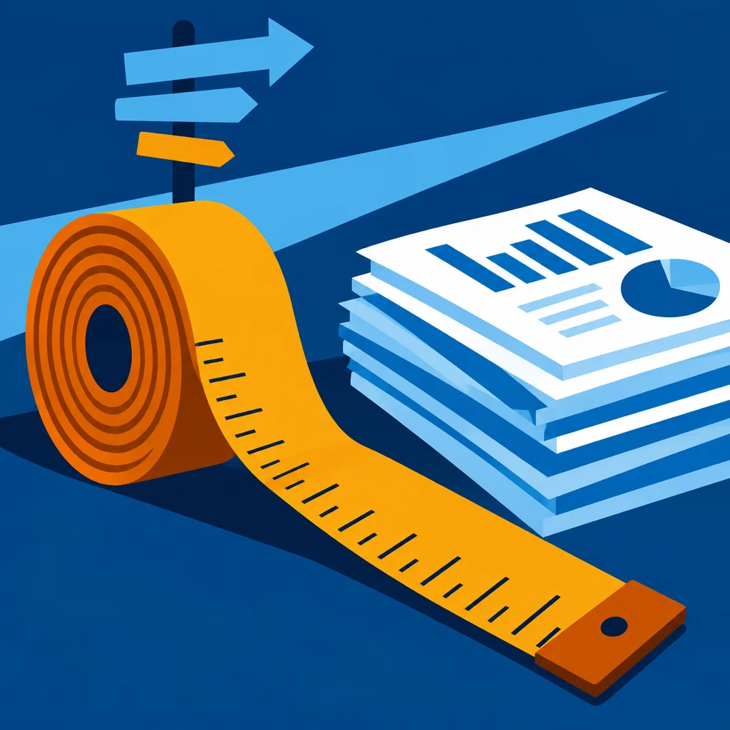 An illustrated scene on a dark blue background showing a large rolled orange tape measure with its end extended forward, a small directional signpost with arrows sitting atop the roll, and a stack of white report pages showing bar and pie charts beside it, with a light blue triangular shape in the background.