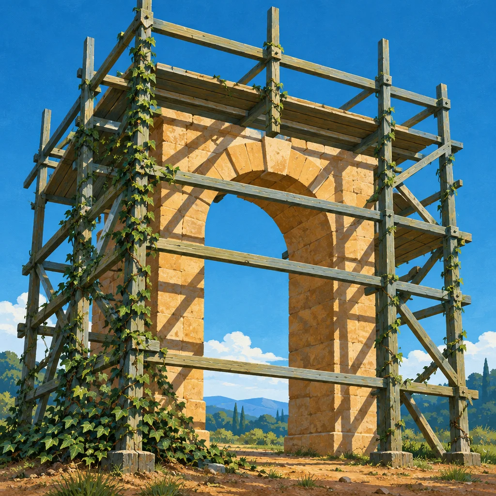 A golden stone Roman-style arch surrounded by weathered wooden scaffolding draped with ivy vines, set against a blue sky with mountains in the background.
