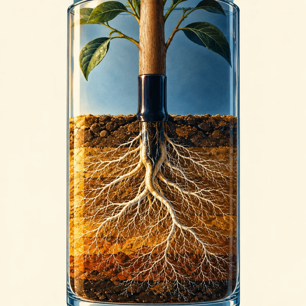A transparent glass cylinder contains a young tree with green leaves above a soil cross-section that reveals an extensive white root network spreading through layered earth beneath the surface.