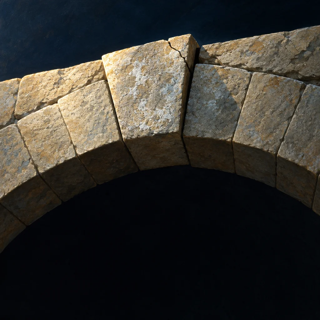 The upper portion of a curved stone arch built from fitted sandstone blocks is lit against a dark sky, with a visible crack running through the large central keystone at the apex.
