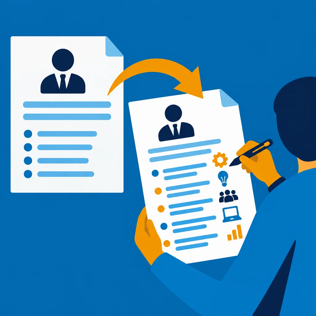 A flat-style illustration on a blue background showing a person holding and writing on a document featuring a professional profile icon and skill icons, with an orange curved arrow pointing from a simpler document on the left to the enhanced document being revised.