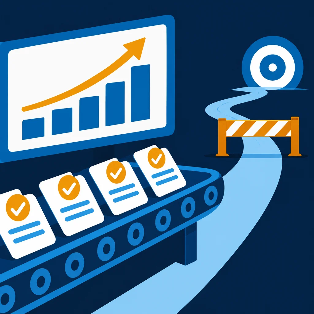 A dark blue illustration showing a conveyor belt carrying checkmarked document cards beside an upward bar chart, while a winding light blue road leads toward a bullseye target blocked by an orange and white construction barrier.