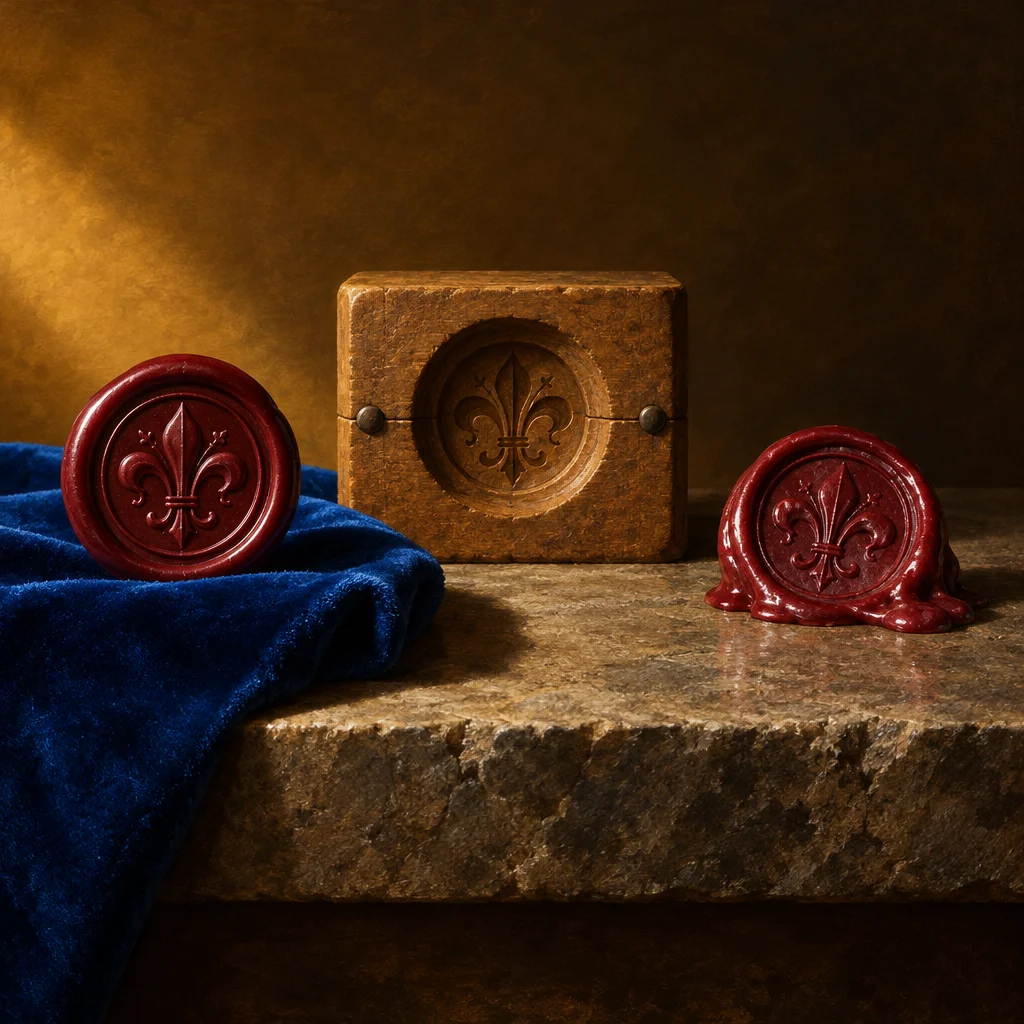 Three fleur-de-lis objects arranged on a stone ledge: a carved stone mold in the center, a clean red wax seal resting on blue velvet at left, and a messier red wax seal directly on the stone at right, all lit with warm golden light.