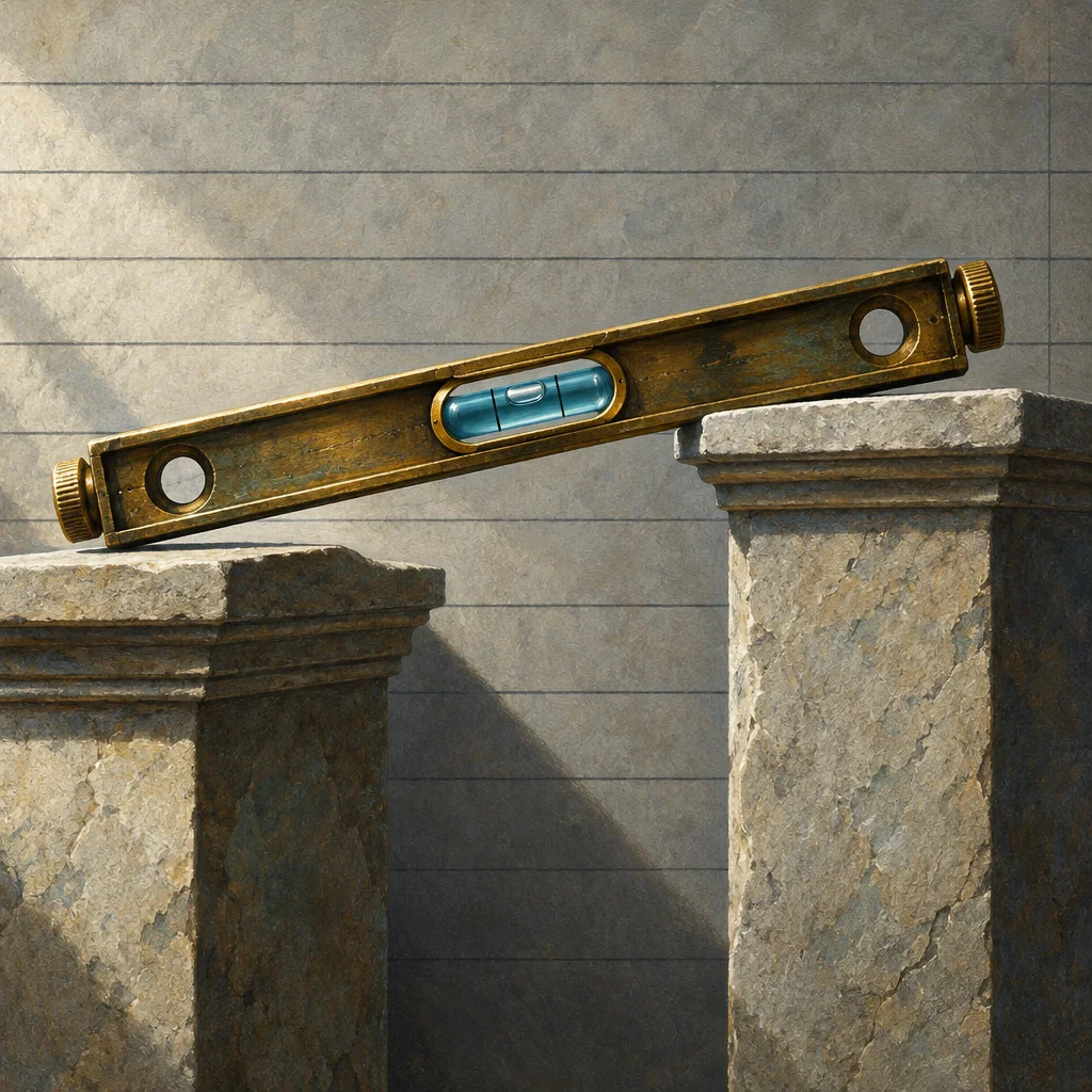 An aged brass spirit level with a teal bubble vial rests diagonally across two mismatched stone pedestals against a grey stone wall, with the left pedestal lower than the right so the instrument tilts at a clear angle and the bubble sits off-center.