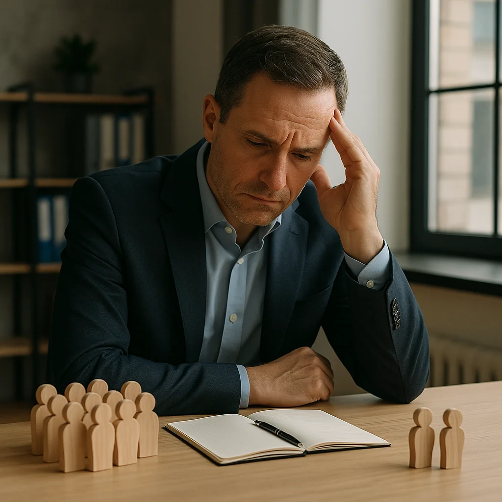 A middle-aged man in a navy blazer sits at a wooden desk, head resting on one hand, looking down at an open notebook flanked by a cluster of nine wooden human figures on the left and two on the right.
